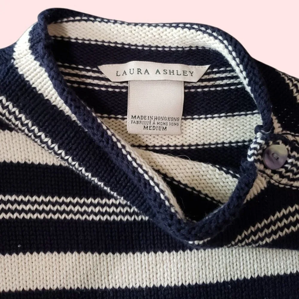 Laura Ashley Striped Cotton Sweater Button Shoulder Womens Navy/White Medium - Picture 5 of 12
